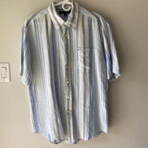 Tommy Hilfiger Men Blue White Striped Button Down Shirt Size Large